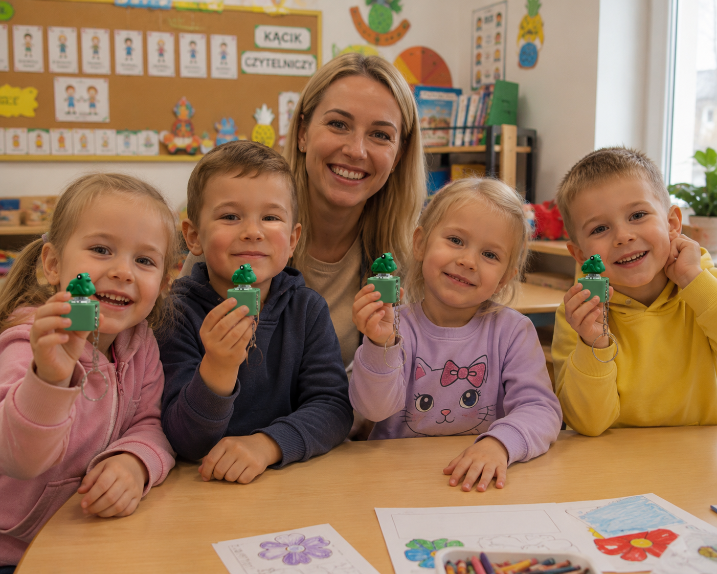 Dzieci w przedszkolu trzymające KlikŻabkę